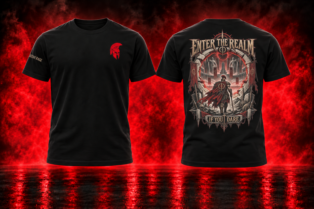 Enter the Realm — black T-Shirt front and back promotional cover