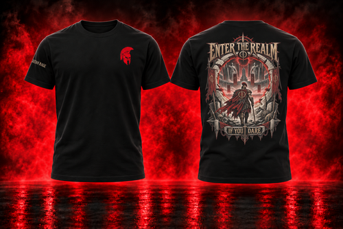 Enter the Realm — black T-Shirt front and back promotional cover